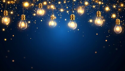 Wall Mural - festive blue background, golden string lights, sparkling bokeh celebration, party atmosphere