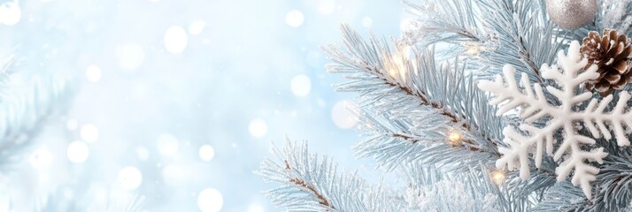 Wall Mural - sparkling snowflake ornament on frosted christmas sprig with abstract winter wonderland background