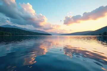 Wall Mural - calm lake surface with ripple patterns reflecting sky, lake, bird