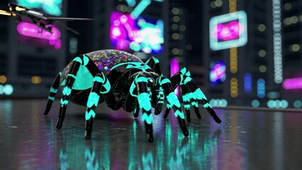 Poster - futuristic robot spider with glowing neon details walking on a surface in a cyberpunk city at night 
