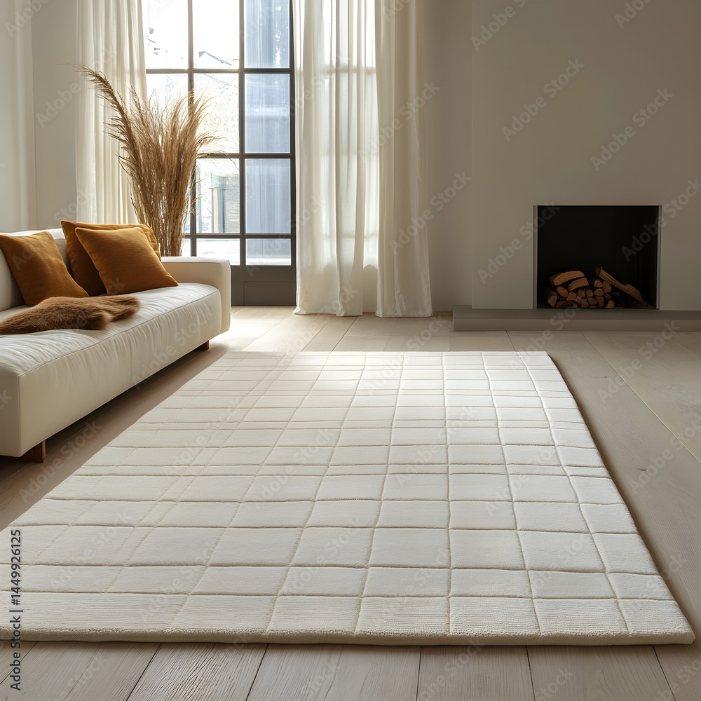 Subtle White Rug Rectangular wool rug with subtle grid pattern in ivory Stock Photo ...
