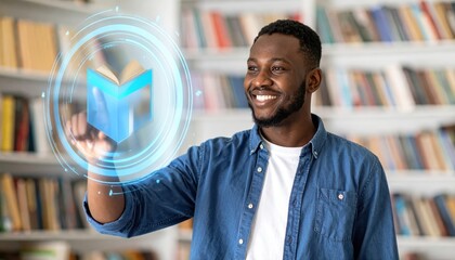Poster - Young man interacting with a digital book icon in a library setting, representing technology and education integration