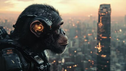 Poster - Futuristic digital photo of primate evolution into cybernetic organisms,showcasing transition from nature to advanced artificial intelligence,symbolizing technological progress,hybrid identity