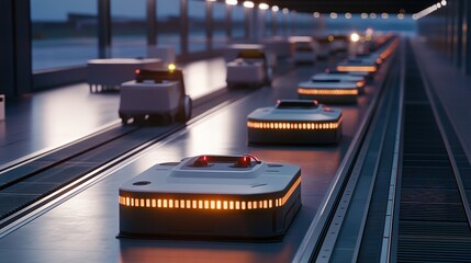 Poster - A high-speed logistics operation with robotic cargo loaders at an airport.