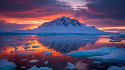 Wall Mural - dawn or dusk with a stunning sky reflected in the pristine water, showcasing a mountain in the backd