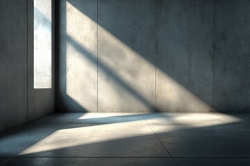Poster - Sunlight streams through a tall window, casting dramatic shadows on the walls and floor of an empty concrete room.