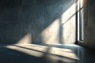 Poster - Sunlight streams through a large window, casting shadows on the empty concrete floor and walls of a minimalistic, modern room.