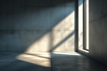 Poster - Sunlight streams through a large window into an empty concrete room, casting sharp shadows on the minimalist walls and floor.
