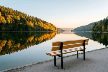 Wall Mural - a peaceful bench overlooks a calm lake surrounded by forested hills under a clear sky during autumn.
