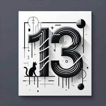 illustration of a stylized number '13' with subtle intertwining elements like a cracked mirror, a black cat silhouette, or dripping shadows