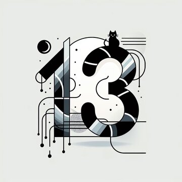 illustration of a stylized number '13' with subtle intertwining elements like a cracked mirror, a black cat silhouette, or dripping shadows