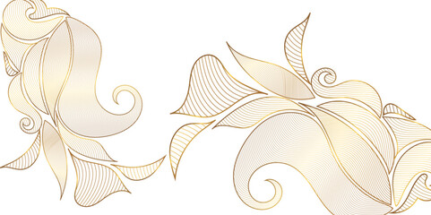 Poster - Abstract Vector line gold ornament fancy nature elegant vintage background. Hand drawn wavy branches and leaves on white background design for decoration, wallpaper, cover, banner, poster card etc.