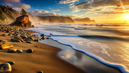 Wall Mural - golden sunrise on a rocky beach with rolling waves and coastal cliffs
