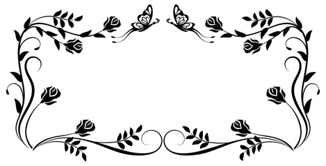 Poster - Floral frame ornament with rose flowers, leaves and butterfly. Decorative element for decor and text greeting or invitation card design.