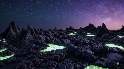 Poster - Enchanted Volcanic Plateau Under Starry Sky with Glowing Pools
