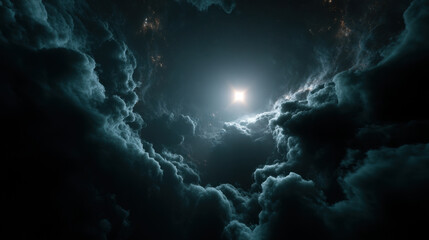 Wall Mural - Immense dark void of space with single bright light shining through thick, dramatic clouds, creating mysterious and cinematic atmosphere in night sky
