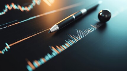 Poster - Close up of a sleek ballpoint pen resting on a financial chart with colorful glowing lines and data points indicating stock market analysis and digital trading data