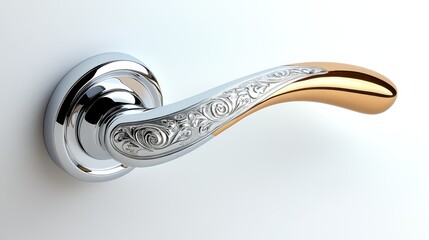 Fototapete - High-resolution studio shot of a polished chrome door handle, high-definition reflections on an immaculately white background.