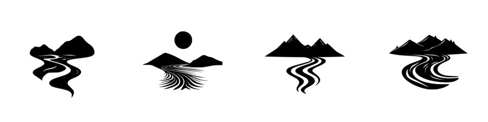 Poster - nature-inspired black and white illustrations featuring mountains, rivers, and sun in a minimalist s