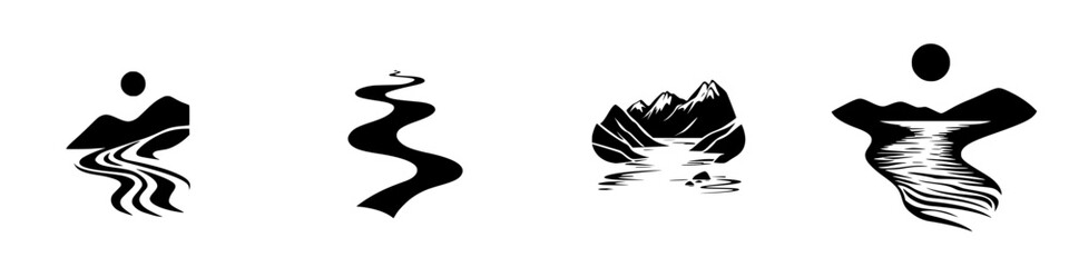 Poster - landscape design elements depicting mountains, rivers, and water bodies in a minimalist style suitab