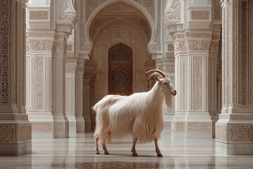 Poster - Eid Al Adha greetings with a mosque and a goat. Generative Ai
