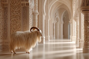Poster - Eid Al Adha greetings with a mosque and a goat. Generative Ai