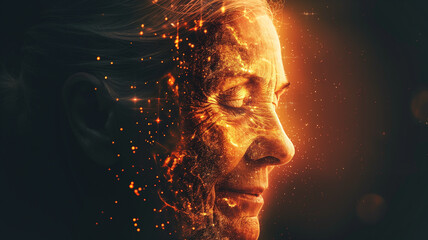 Aufkleber - This close-up of a woman's face with blended human features and glowing symbols of longevity.