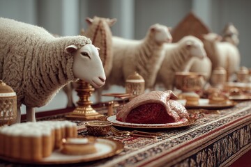 Poster - Muslims commemorate Eid Al-Adha, a three-day holy festival, on the tenth day of Dhu al-Hijjah. During this time, they often sacrifice sheep meat. Generative Ai