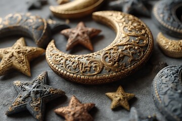 Poster - Symbols and decorative components Metal house décor featuring crescent moons and stars for the Muslim New Year. Generative Ai