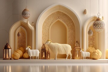 Poster - Islamic celebration for Eid al-Adha with a mosque entrance, exquisite Arabic lanterns, and a 3D golden goat and sheep. Generative Ai