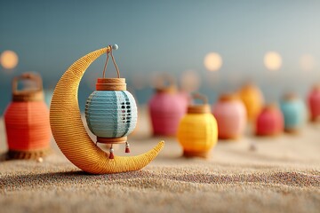 Poster - Eid Mubarak backdrop, beach with colorful lantern lamps and a half moon shape. Generative Ai