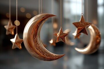 Poster - Symbols and decorative components Metal house décor featuring crescent moons and stars for the Muslim New Year. Generative Ai