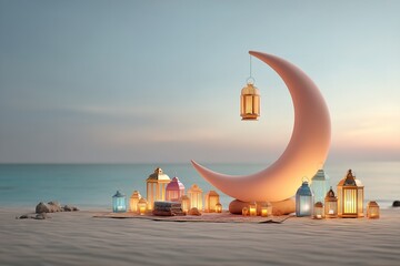 Poster - Eid Mubarak backdrop, beach with colorful lantern lamps and a half moon shape. Generative Ai