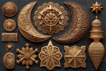 Poster - Symbols and decorative components Metal house décor featuring crescent moons and stars for the Muslim New Year. Generative Ai