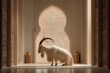 Poster - Eid Al Adha greetings with a mosque and a goat. Generative Ai