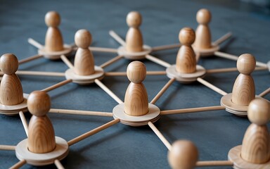 social network concept with wooden figures representing connections and collaboration in a team for 