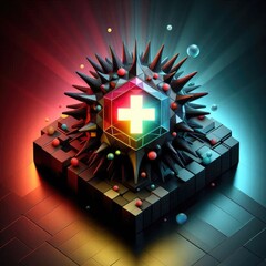 Poster - Photorealistic 3D render showing a stark contrast between dark, sharp, angular abstract forms representing the rabies virus and a vibrant, illuminated stylized cell or a shield with a glowing plus sig