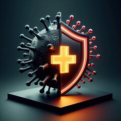 Poster - Photorealistic 3D render showing a stark contrast between dark, sharp, angular abstract forms representing the rabies virus and a vibrant, illuminated stylized cell or a shield with a glowing plus sig