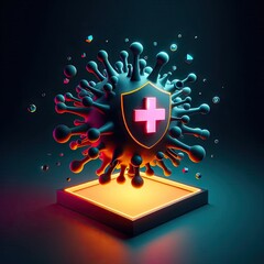 Poster - Photorealistic 3D render showing a stark contrast between dark, sharp, angular abstract forms representing the rabies virus and a vibrant, illuminated stylized cell or a shield with a glowing plus sig