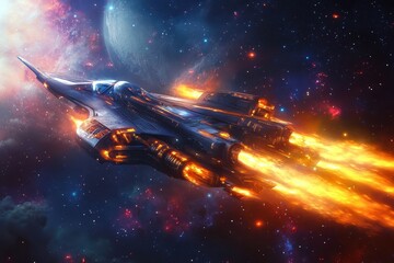Poster - Futuristic spaceship soaring through vibrant space with fiery propulsion, Futuristic spaceship flying through space with fiery thrusters, background