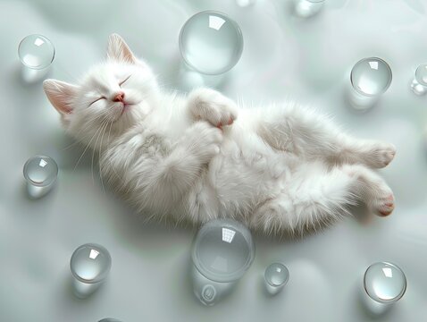 3D rendering of a cute white kitten sleeping peacefully on a smooth surface, surrounded by delicate glass spheres, set against a pure white background. Top view perspective with high-resolution detail