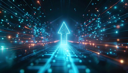 Poster - a computer chip with a blue arrow pointing upwards. the blue arrow is the only thing that stands out