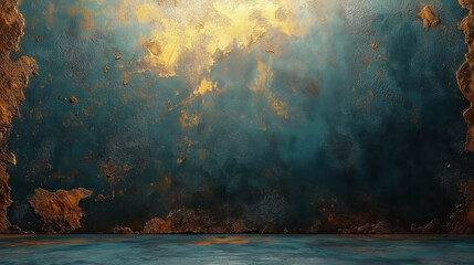 Poster - Differentiated textures of blue and gold on a weathered wall