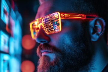 Poster - Bearded man with neon glasses engaged in digital work in a vibrant tech environment, Bearded man with neon glasses looking at digital displays, concept of future technology