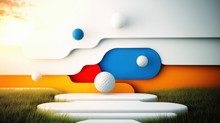 Poster - Modern abstract golf course design with colorful balls and grass