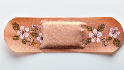 Poster - Adhesive bandage with floral decoration. A pink and white bandage is lying on a white surface. The bandage has flowers and small leaves printed on it.