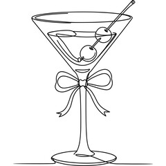 Poster - Martini glass with cocktail and cherries in line art style with bow. Martini glass with cherries and cocktail in continuous line drawing style