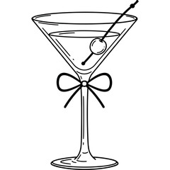 Poster - Martini cocktail with olive on stick and bow tie decoration in line art style for elegant drink illustration or party invitation design