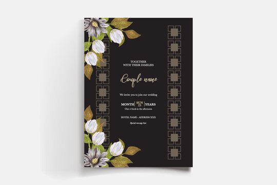 WEDDING INVITATION FRAME WITH FLOWER DECORATIONS AND FRESH LEAVES
