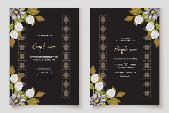 WEDDING INVITATION FRAME WITH FLOWER DECORATIONS AND FRESH LEAVES